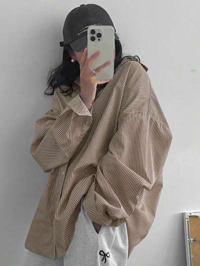 大码女式条纹纽扣衬衫，长款落肩袖，梭织面料