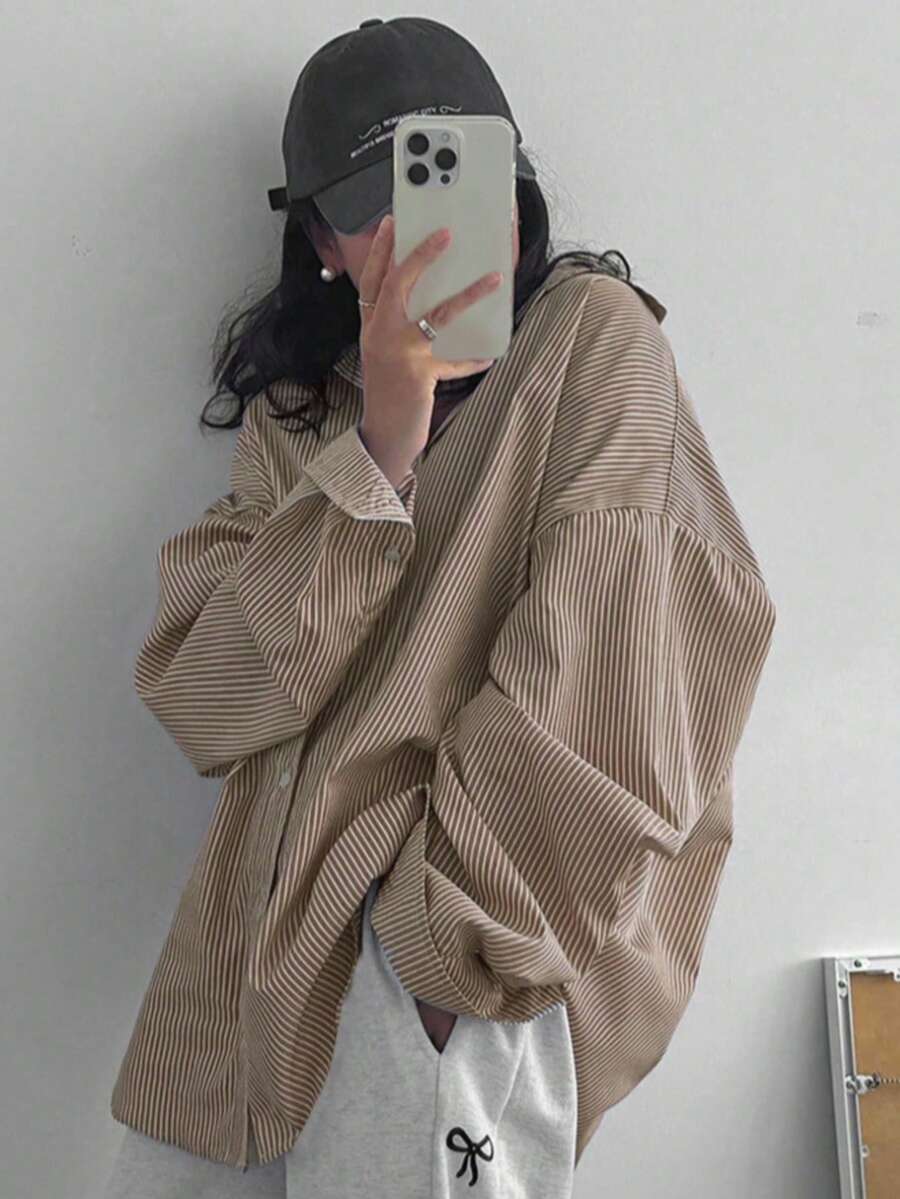 Plus Size Women's Striped Button-Up Shirt, Long Dropped Shoulder Sleeve, Woven Fabric - Apricot - View 1