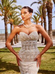 Faeriesty 女士优雅奢华无肩带珠饰闪亮亮片美人鱼晚礼服 – 心形领口，珠饰刺绣 – 完美适用于婚礼招待会、盛大晚宴、新年礼服、夏季度假装扮 - 香檳色 - 查看 7