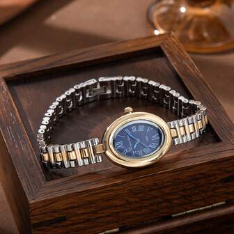 复古椭圆形女士腕表，金色不锈钢表带，星空蓝罗马数字表盘，优雅石英女士腕表