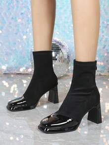 Women's Black Patchwork Ankle Boots, Block Heel, Comfortable Block Heel, Zipper Closure, Waterproof Platform, Slim Fit - Black - View 2