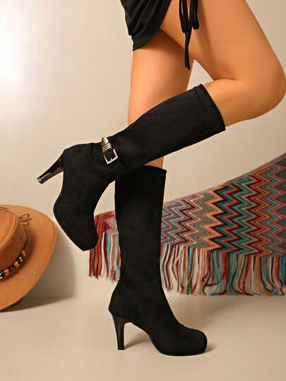 Kozaki na koturnie do kolan dla kobiet, zamszowe zimowe buty w stylu boho, buty na superwysokim obcasie, kozaki do uda w stylu boho z futrzaną podszewką, nowe buty retro, uniwersalne botki do kostki na grubym obcasie z okrągłym noskiem, podeszwa na platformie