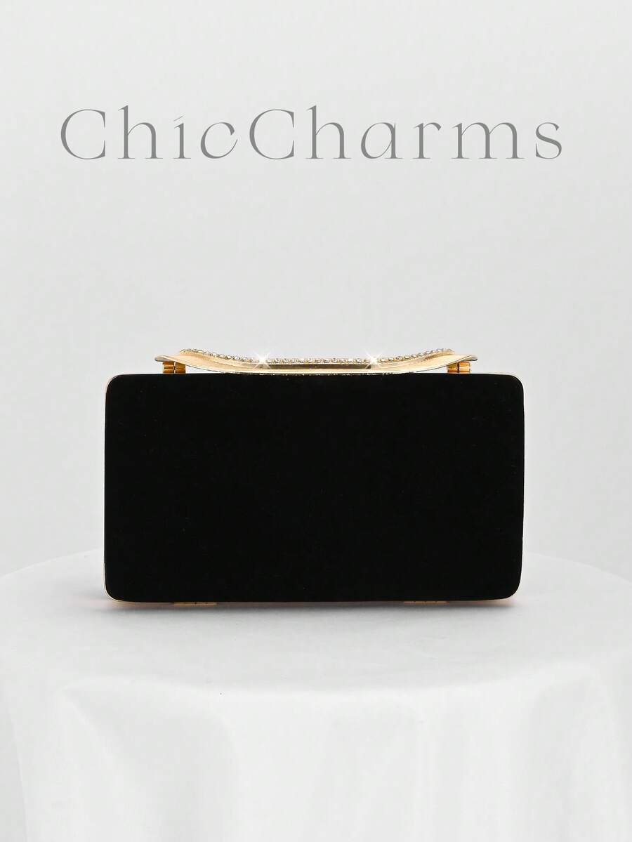 Bolsa feminina minimalista de veludo para banquete, bolsa clutch com strass para casamento romântico, bolsa preta para festa formal, bolsa para noiva, bolsa para vestido de gala formal com corrente - Preto - Ver 1