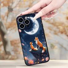 Dos lindos zorros pequeños bajo el patrón temático de luz de luna, funda de teléfono de diseño simple, adecuada para 16 15 14 13 12 11 XS XR X 8 Plus Pro, textura mate de borde recto - Colores mixtos - Ver 4
