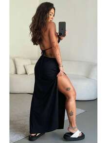 Long Yellow Dress With Side Slit And Simple Cutout, Bare Back / Backless, Side Opening, Cutout / Cutout, High Slit, Halter Neckline And Back Tie, Wedding Dress. - 黑色 - 查看 3