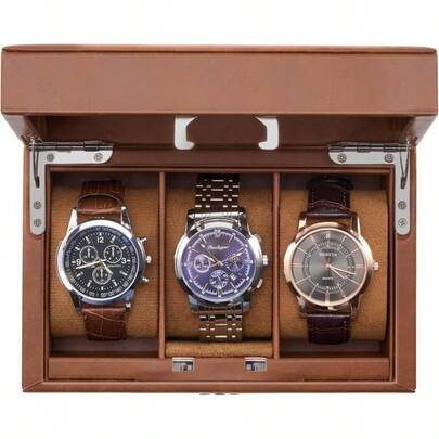 3 - Slot Lockable Watch Case, Display Storage Box With Combination Lock, Locking Watch Holder Organizer With Glass Lid Men Women - Brown