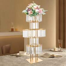 43.3in Tall Wedding Gold Crystal Flower Stand, Square Pedestal Stand, Crystal Flower Rack, Silver Vases Centerpieces Crystal Flower Stand With Hanging Crystals, 5-Tier Square Chandelier Pedestal Stand For Wedding Road Lead T Stage Flower Arrangement Decoration - 金色 - 查看 2