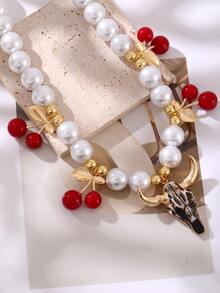 This Punk Western-Style Multi-Color Alloy Bull Head Faux Pearl Asymmetric Beaded Cherry Bead Necklace Is Designed For Women, Suitable For Outdoor Adventures, Shopping, And Daily Wear. This Eye-Catching, Distinctive Gold Accessory Is An Excellent Birthday Gift For Friends.