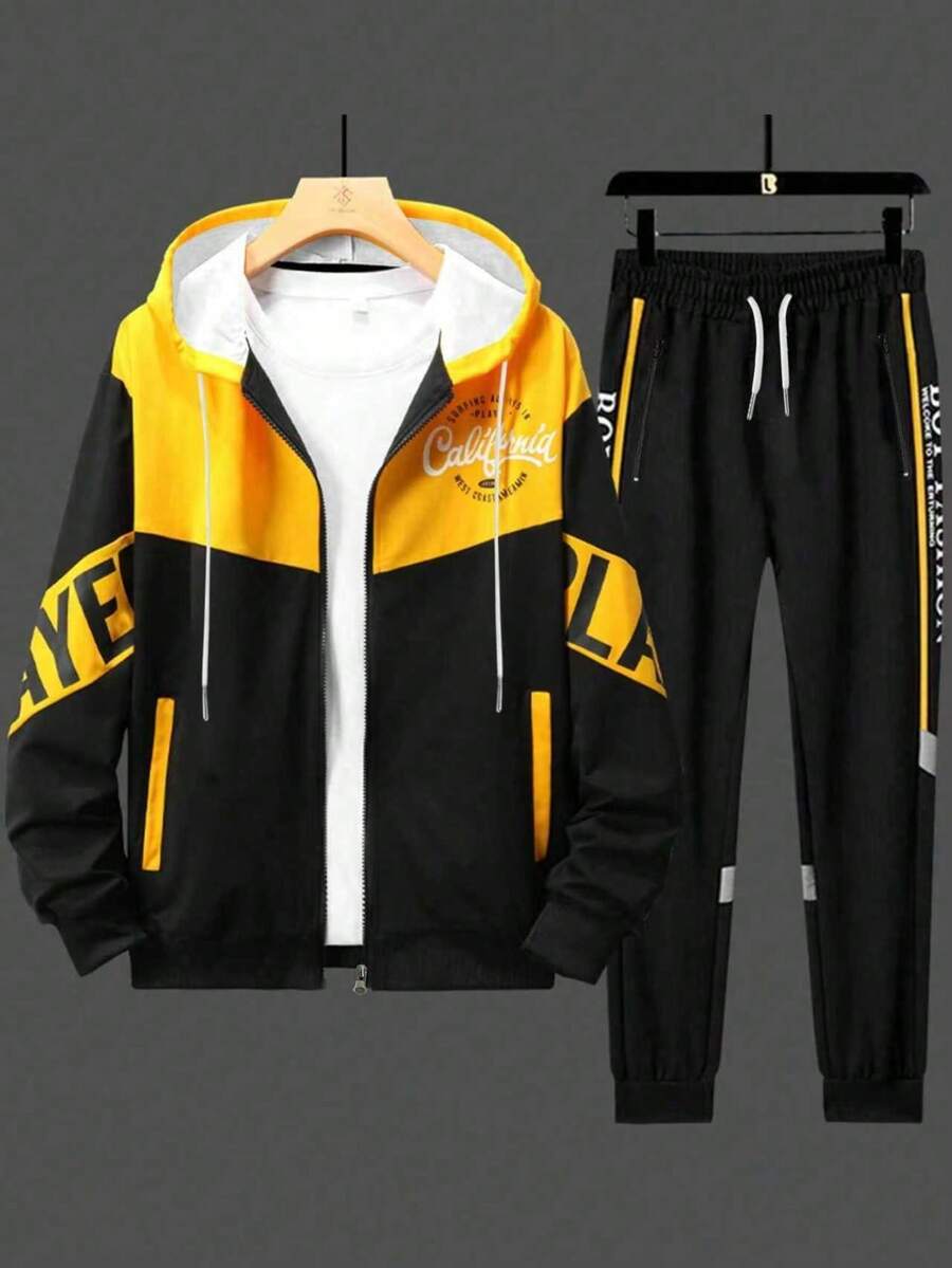 2pcs Plus Size Men's Casual Contrast Color Letter 3D Digital Print Zip-Up Hoodie And Sweatpants Set, Autumn/Winter
