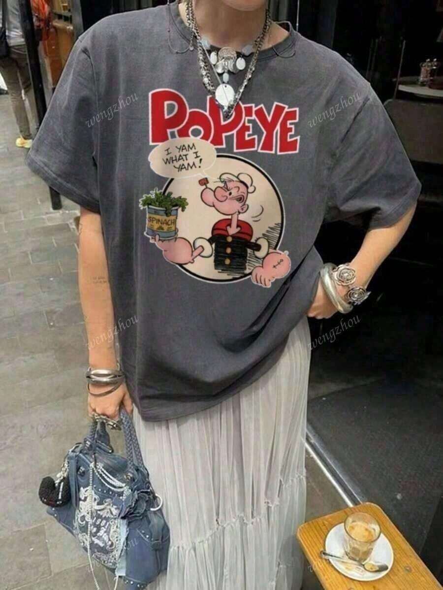 Casual T-Shirt With Colorful Print Of Letters And Cartoon Characters, Round Neck And Short Sleeves. - Màu xám đen - Xem 1