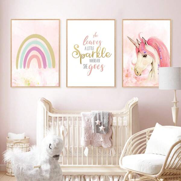 1pc, Canvas Wall Art, Framed Nursery Decor Painting Unicorn Theme - Unicorn Wall Art - Nursery Decor Painting - Unicorn Printable Painting - Girl's Room Decor - Unicorn Print - Rainbow Print Suitable For Children's Room Decor, Nursery Decor, Playroom Decor, Kindergarten Decor, Boy's Room Decor/Girl's Room Decor, Playroom Decor