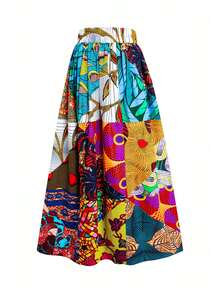 African Wax Print Random Floral Contrast Color Blocking Maxi Skirt For Wear Random Mix Color Summer Vacation - Multicolor - View 2