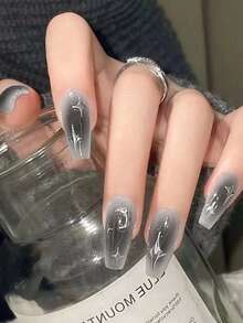 24 片银色月亮和星星设计指甲贴，矩形假指甲，含 1 片果冻指甲胶和 1 个指甲锉，适合派对、旅行、约会按压指甲美甲用品 - 銀色 - 查看 1