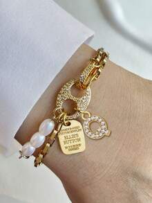 1件 STYLEVER 金色全水钻双孔吊坠字母手链，A-Z 字母链，不锈钢链，适合庆典和日常佩戴 - 金黃色 - 查看 13