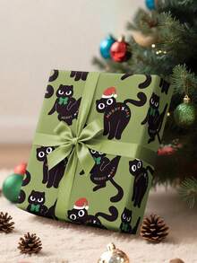 1 cuộn Giấy gói quà Giáng sinh | Nền xanh lá cây có mũ ông già Noel và nơ, họa tiết mèo đen - Thích hợp để gói quà, trang trí ngày lễ, tạo không khí tiệc tùng và sự kiện theo chủ đề - 500cm*43,2cm, Phụ kiện gói quà Giáng sinh, trang trí Giáng sinh, lý tưởng để làm quà tặng ngày lễ - Nhiều màu - Xem 1