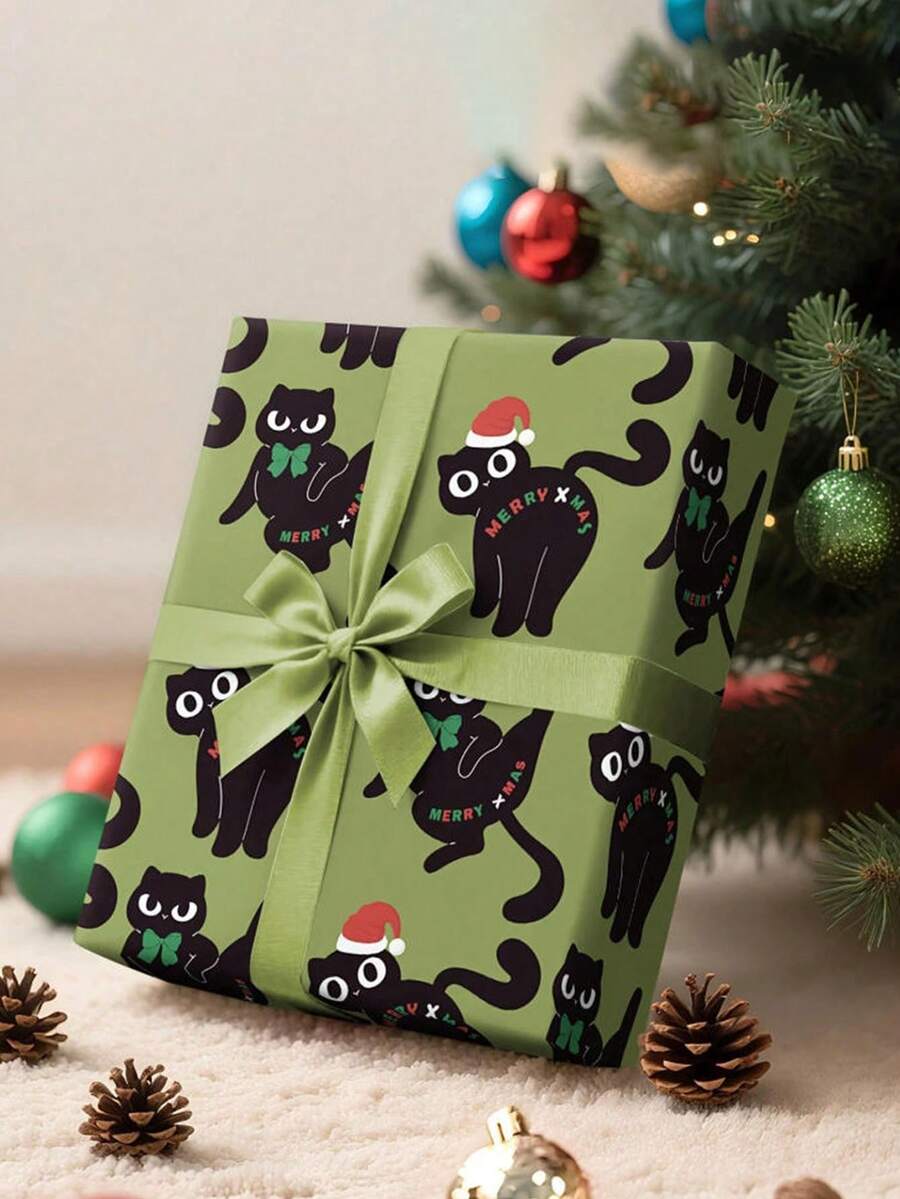 1 cuộn Giấy gói quà Giáng sinh | Nền xanh lá cây có mũ ông già Noel và nơ, họa tiết mèo đen - Thích hợp để gói quà, trang trí ngày lễ, tạo không khí tiệc tùng và sự kiện theo chủ đề - 500cm*43,2cm, Phụ kiện gói quà Giáng sinh, trang trí Giáng sinh, lý tưởng để làm quà tặng ngày lễ - Nhiều màu - Xem 1