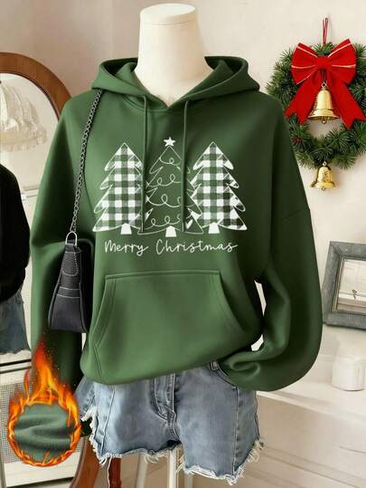 Sudadera con capucha de manga larga con cordón, bolsillo, eslogan navideño y gráfico de árbol de Navidad, de estilo casual y versátil, color verde, ropa navideña de moda, adecuada para uso diario y festivo, ambiente navideño