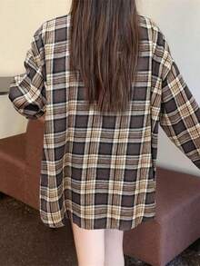 女士休闲通勤日常格子早餐衬衫，春秋季 - 駝色 - 查看 2