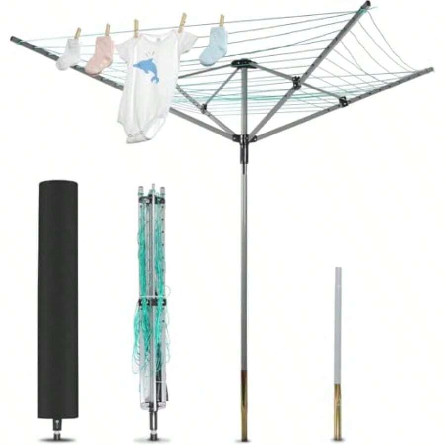 Outdoor Umbrella Drying Rack With Rotary Design And Adjustable Height For Backyard Use Heavy Duty 4-Arm Clothesline Drying Rack With 12 Drying Lines And 165 Feet Of Clothesline Ideal For Efficient Laundry Drying In Garden Or Patio - Silver - View 1