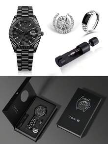 TOMI石英男士手表套装，配星月胸针戒指，时尚商务石英表礼盒，适合日常生活、商务活动、父亲节、情人节、圣诞节等场合。 - 黑色 - 查看 12