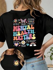 Howell Casual Loose Short Sleeve T-Shirt With Slogan Print Black Summer - Black - View 3