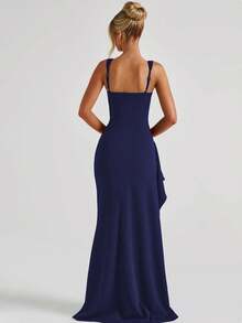 女士优雅性感开衩紧身连衣裙，适合春夏派对、晚宴、节日和度假穿着，蓝色长裙 - 藏蓝色 - 查看 2