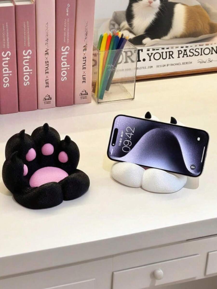 1个可爱猫爪加厚耐用手机支架，简约塑料动漫女孩桌面伴侣 - 彩色 - 查看 1