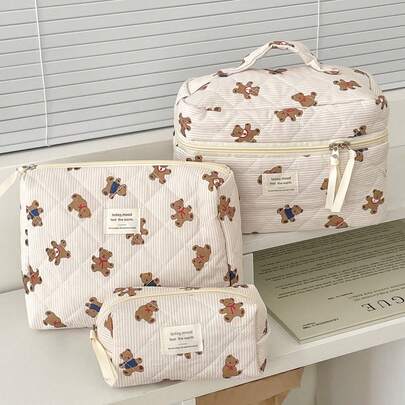 Set de 3 bolsas de cosméticos con diseño de oso de peluche a rayas, estilo INS, bolsa de viaje portátil, organizador de artículos de tocador, adecuado para viajes, campamentos, regalo de Navidad, regalo del Día de San Valentín
