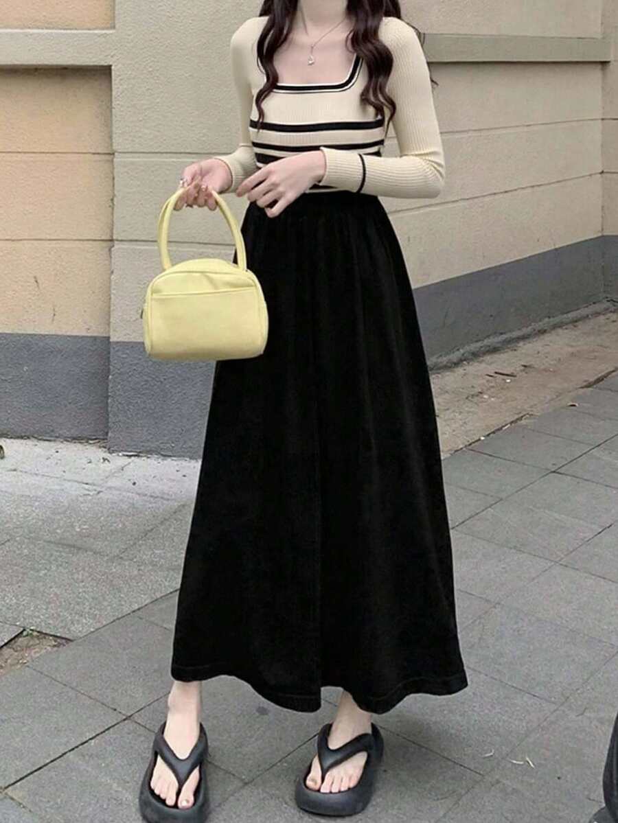 Đầm maxi dài tay nữ kiểu dáng mới năm 2025, phối màu tương phản, phong cách thanh lịch, thích hợp cho mùa xuân. - Đen và trắng - Xem 1