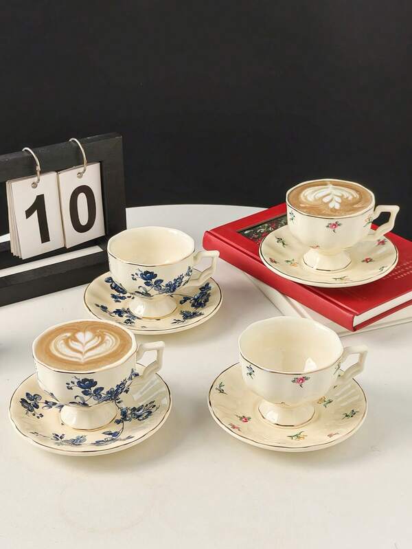 1pc/6pcs 1pc French Design Rose Afternoon Tea Espresso Cup & Saucer Set, Retro Niche High-End Ceramic Coffee Cup & Saucer, Blue And White Porcelain High-Quality Exquisite Cup