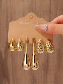 6-14pcs Fashionable Lightweight CCB Earrings Set, Including Teardrop, C-Shape, Flower Designs In Gold Tone, Suitable For Women's Date And Holiday Wear, Elegant Holiday Gift