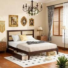 King Size Bed With Rattan Headboard In Espresso, Rubber Wood Platform Bed With 2 Storage Drawers, Enhanced Support Slats & Reinforced Feet (Mattress Not Included) - Espresso + Gỗ cao su + King - Xem 1