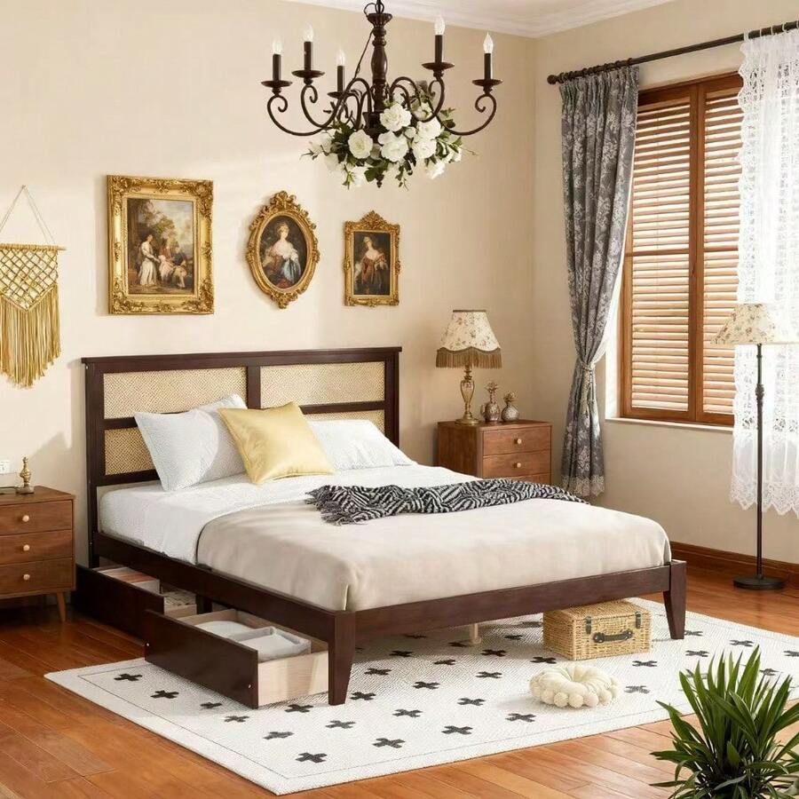 King Size Bed With Rattan Headboard In Espresso, Rubber Wood Platform Bed With 2 Storage Drawers, Enhanced Support Slats & Reinforced Feet (Mattress Not Included) - Espresso + Gỗ cao su + King - Xem 1
