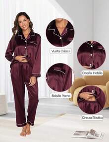 Garqitwan Pijama para Mujer, Conjunto de Pijamas de Mujer con Manga Larga de satén, Pijamas Finos y Cómodos Sleepwear S-XXL - Champán - Ver 9