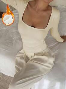 女士基础款圆领保暖长袖上衣，修身剪裁，秋冬季保暖舒适叠穿 - 杏色 - 查看 1