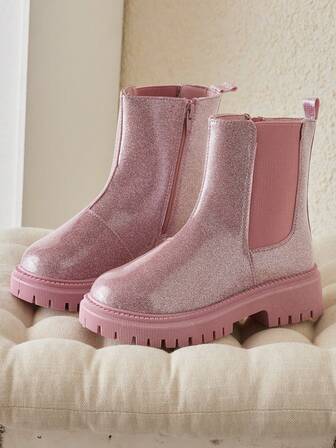 1 Pair Kids' Pink PU Round Toe Lace-Up Fashion Boots