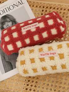 1 Peça Estojo de Lápis de Pelúcia de Waffle, Bolsa de Armazenamento de Papelaria Xadrez Criativa para Estudantes
