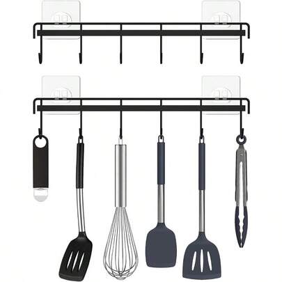 Wall Mount Utensil Rail Rack 2 Pcs Space Saving Kitchen Utensil Holder Self Adhesive No Drilling Wall Mounted Accessory Hanger With Hooks For Kitchen Bathroom Storage Black
