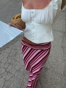 New Stylish Elegant Knitted Fabric Printed Striped Maxi Skirt, Suitable For Beach, Holiday, Daily Wear, Travel - Pink - View 3