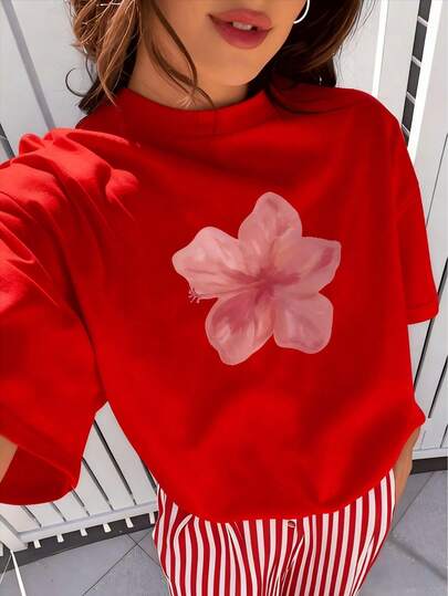Nueva Camiseta Informal De Cuello Redondo Con Estampado Floral Para Mujeres, Versátil Y Cómoda, Apropiada Para Primavera/Verano