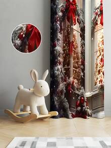 2PCS Christmas-Themed Brushed Fabric Digital Print Curtains, Retro Gorgeous Style Design With Red Bow Snow Pine Forest Window Scene, Rod Pocket Installation, Semi-Transparent Polyester Fiber Material, Suitable For Living Room, Kitchen, Bedroom, Dining Room, Filling Your Home With Festive Atmosphere