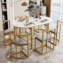 Six-Chair Dining Table Set: (White Table, Chairs With Backrests And Gray Cushions, Black Iron Frame), Dining Room Table And Chair Set, Modern Dining Table Combination (Previous Sku: 308399408AAS) - Gold - View 3