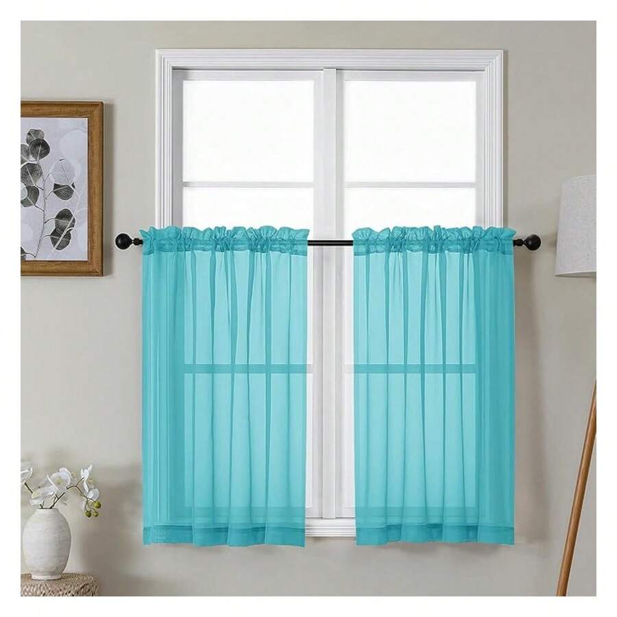 Turquoise Sheer Kitchen Curtains 36 Inch Length, Light Filtering Voile Soft Airy Small Cafe Curtains, Short Window Curtain For Bathroom Basement, 42x36 Inch, 2PCS - Multicolor 124 - View 1