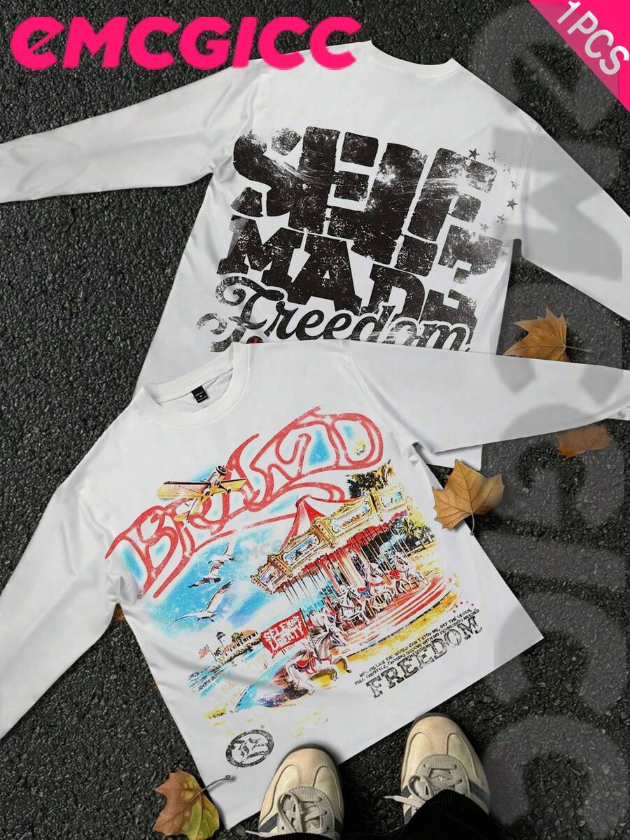 EMCGICC Y2k Long Sleeve Shirt, Urban Art Punk Graphic T-Shirt Cotton 250g, Preppy Lettering Fashion Hip Hop Men's Long Sleeve T-Shirt, Fun Vintage Shirt, Regular Fit, Wild Bloom Street Style, Digital Print, Ideal Gift - 白色 - 查看 1