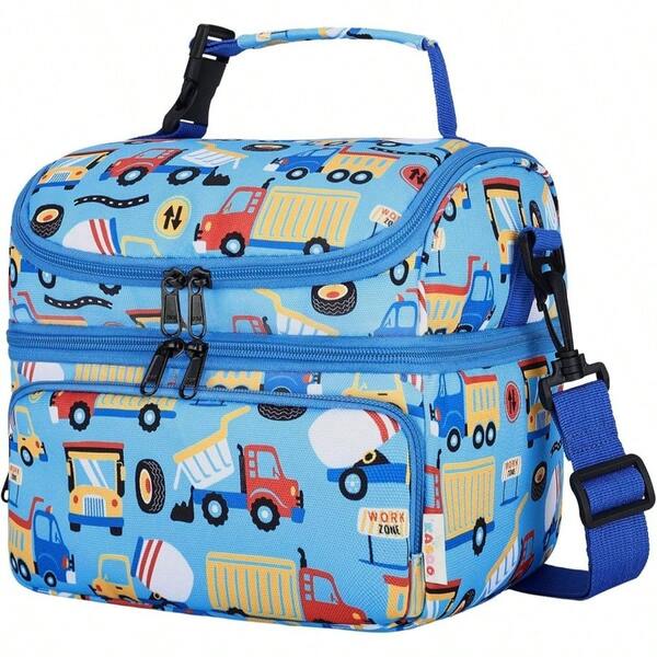 Lunch Box Bag, Insulated Lunch Bag Two Compartments Cooler Bag Vertical Lunch Tote With Detachable Shoulders Strap School Picnic Travel, Blue Car