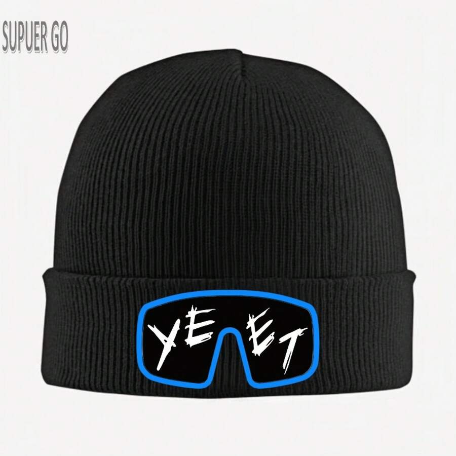 1 Piece YEET Logo Knitted Hat, Unisex - Black Winter Warm Hat With White And Blue YEET Text And Glasses Pattern, Soft Cold Weather Head Cover, Christmas And New Year Gift For Men And Women Casual Accessories (YEET Brand Design) - 黑色 - 查看 1