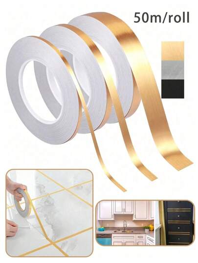 50m Roll Multi-Purpose Waterproof Floor Wall Self-Adhesive Wallpaper, Alloy Colored Baseboard, Tile Grout Edge Sealant Tape, For Home Decor, Wall Trim, Wardrobe, Bathroom, Floor, Tile, Car, Graphic Art - Stripe Sticker Decal
