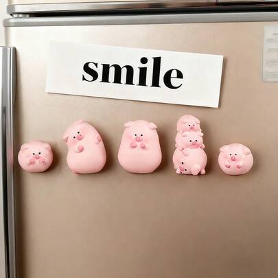 5pcs/8pcs/10pcs Cute Tall & Short Pink Pig Cartoon Celebrity Fridge Magnets, Plastic Round Stickers For Kitchen, Office And Home Decor, Ideal For Holiday Gifts, Office Decoration | Playful Celebrity Design | Colorful Magnets, Magnetic Decor