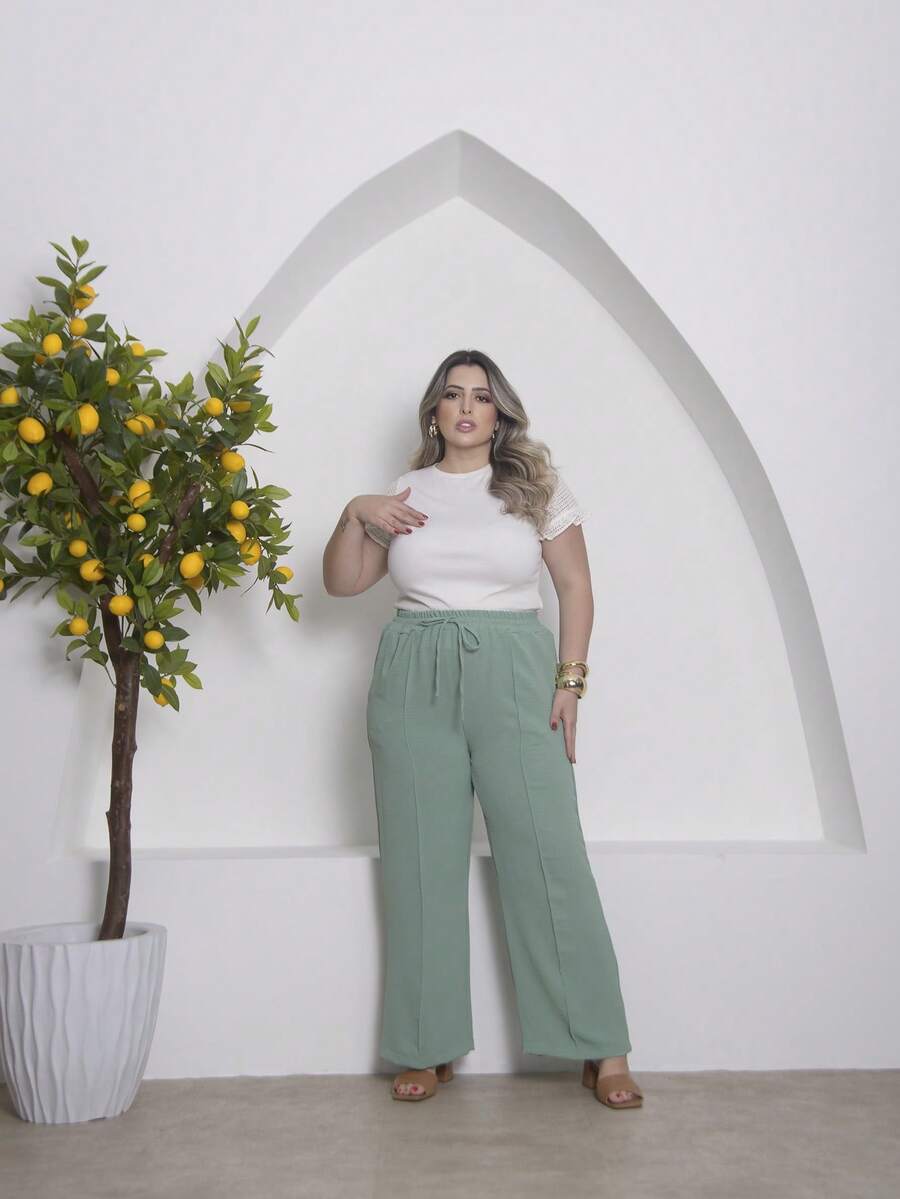 Duna Plus Size Wide-Leg Pants - màu xanh lá - Xem 1