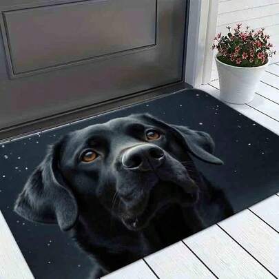 1pc Rectangular Floor Mat Black Labrador Retriever Dog Close-Up Print Floor Mat, Dark Background With Snowflakes Pattern Non-Slip Area Rug For Living Room Bedroom Decor Soft, Comfortable And Easy To Clean, Suitable For Hallway Bathroom, Bedroom, Kitchen, Porch, Laundry Room, RV Outdoor Decoration Holiday Decoration Three Sizes Available Halloween Door Decor Christmas Door Decor Fall Decorations For Home>Kitchen